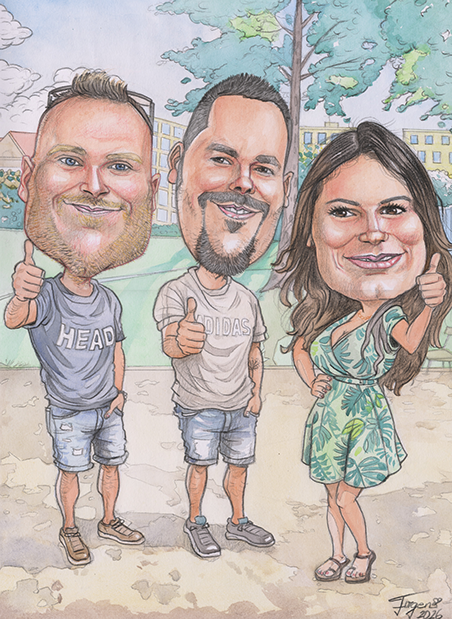 Společná karikatura 3 přátel v barvě: originální ručně kreslený dárek podle fotky od karikaturisty Janka.