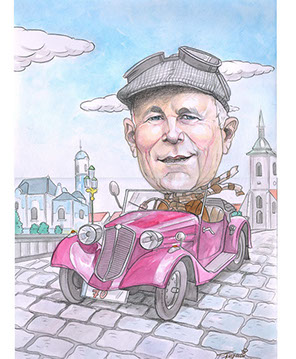 Karikaturista Janko: Barevná karikatura muže s jeho oblíbeným veteránem kreslená podle fotky k jubileu.