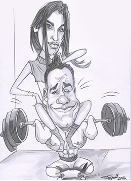 Karikaturista Janko: Společná karikatura kluka a přítelkyně s činkami ve fitness centru, kresba podle fotky.