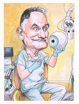 Karikatura očního lékaře se skalpelem na zakázku: vtipný dárek pro doktora k atestaci od karikaturisty Janka.