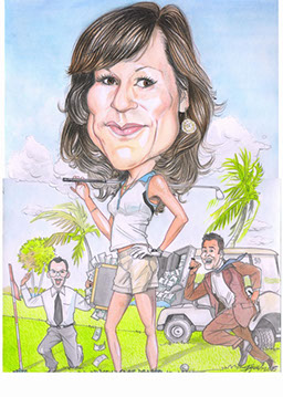 Barevná karikatura oslavenkyně s golfovou holí na zakázku: originální narozeninový dárek od karikaturisty Janka.