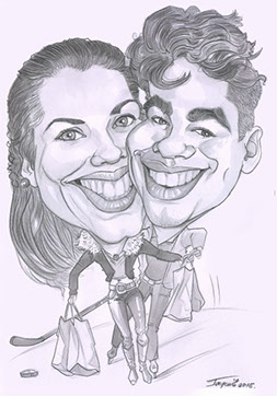 Vtipný dárek pro pár: ručně kreslená karikatura milovníků nákupů s taškami známých značek od Janka.