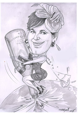Originální ruční kresba: usměvavá oslavenkyně na obří láhvi sektu, barevná karikatura na zakázku od Janka.