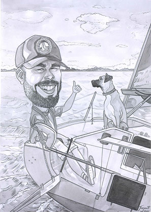 Karikaturista Janko: Ručně kreslená karikatura muže na kormidle jachty se svým psem, barevně na A3.