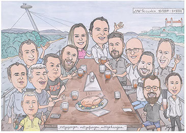 Skupinová karikatura celého týmu na zakázku: originální firemní dárek pro kolegy od karikaturisty Janka.