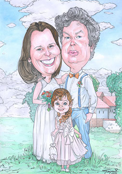 Svatební karikatura s dítětem: novomanželé a jejich potomek na společné barevné kresbě od karikaturisty Janka.