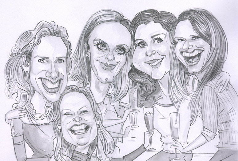 Černobílá skupinová karikatura 5 veselých dívek na zakázku: originální dárek pro kamarádky od karikaturisty Janka.