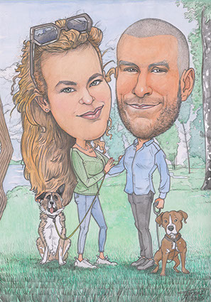 Barevná karikatura zamilovaného páru se psem na zakázku: romantický i vtipný dárek od karikaturisty Janka.