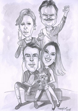 Černobílá skupinová karikatura 4 osob na jednom papíru: vtipný rodinný portrét grafitem od karikaturisty Janka.