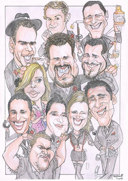 Karikaturista Janko: Ručně kreslená mafiánská karikatura s klobouky, doutníky a obleky na formát A3.